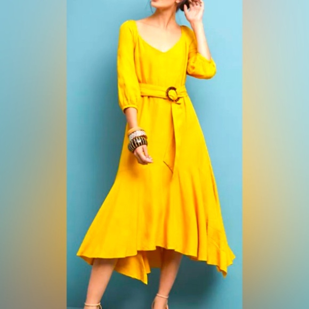 Anthropologie Maeve Artemis Midi High/low Dress 8 Yellow Linen Rayon